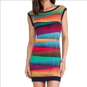 Trina Turk Dress S Medini Stripe Bodycon Cap Sleeve Rainbow Colors Blue Rayon